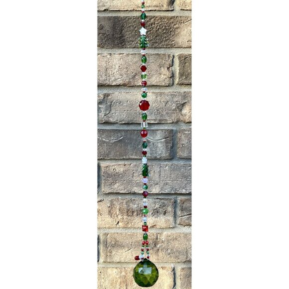 Beaded Christmas Tree Suncatcher Red Green Crystal Prism Hanging Decor - Picture 8 of 10